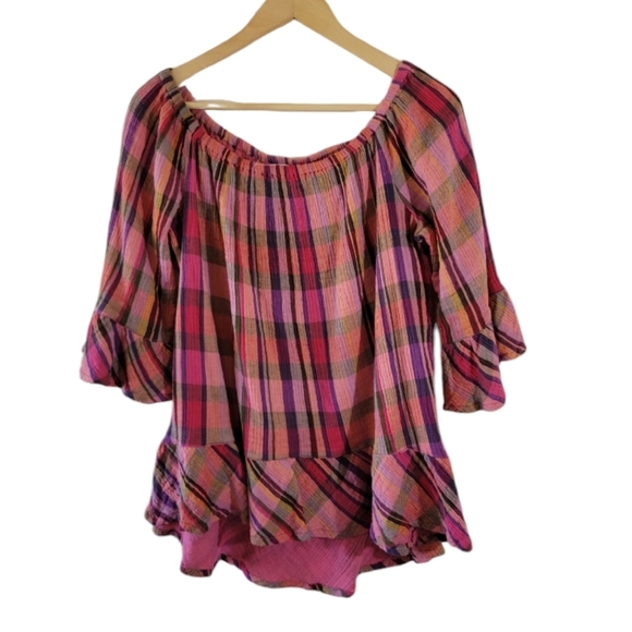 Beach Lunch Lounge Women's Red Orange Plaid Peasant Top Sz L Off Shoulder Gauze - Picture 1 of 12